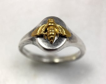 Gold Bee Sterling Silver Signet Ring, Handmade
