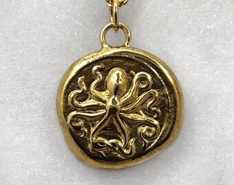 Gold Octopus Pendant, Ancient Greek Coin, Sterling Silver Necklace