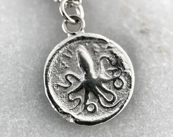 9k White Gold Octopus Coin Pendant, Kraken Jewelry