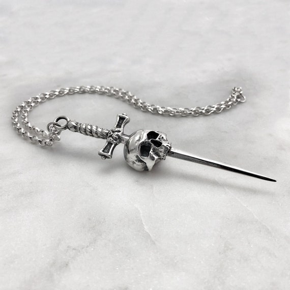 Sterling Silver Skull Dagger Pendant, Gothic Sword Necklace - Etsy