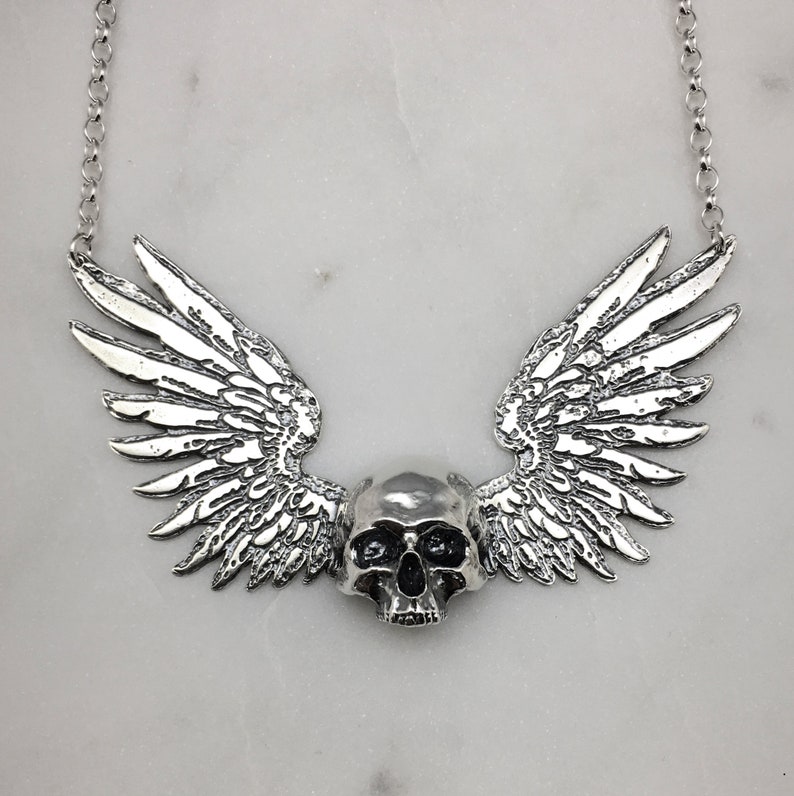 Large Skull Necklace, Gothic Wings, Memento Mori, Macabre Jewelry, Mourning Jewelry image 2