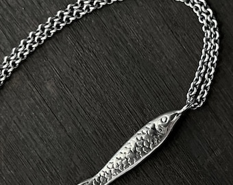 Sterling Silver Sardine Necklace, Pisces Zodiac Pendant