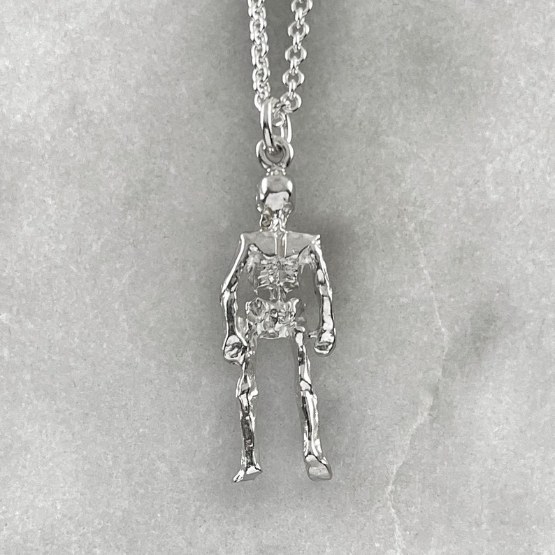 May include: A silver skeleton pendant necklace. The pendant is detailed and features a skeletal figure with visible ribs and bones.