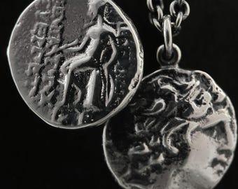 Sterling Silver Alexander Coin Pendant, Ancient Greek Athena Jewelry