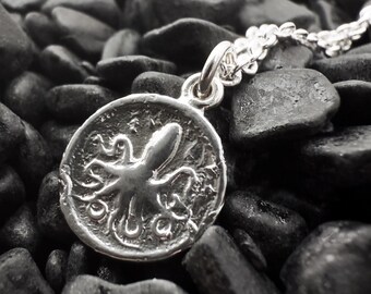 Sterling Silver Octopus Coin Necklace, Ancient Greek Jewelry