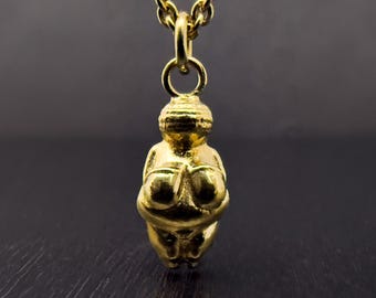 Gold Venus of Willendorf Necklace, Fertility Goddess Pendant