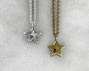Star Pendant, Star Necklace, Gold Engraved Lucky Star Necklace, Mothers Day Present, 21st Birthday, 18th Birthday, Silver Star