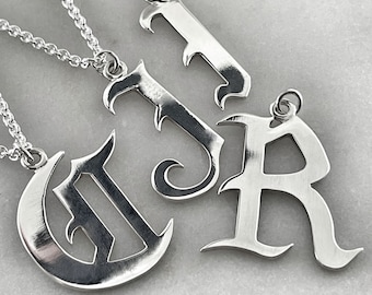 Gothic Initial Pendant Necklace, Silver Letter Pendant