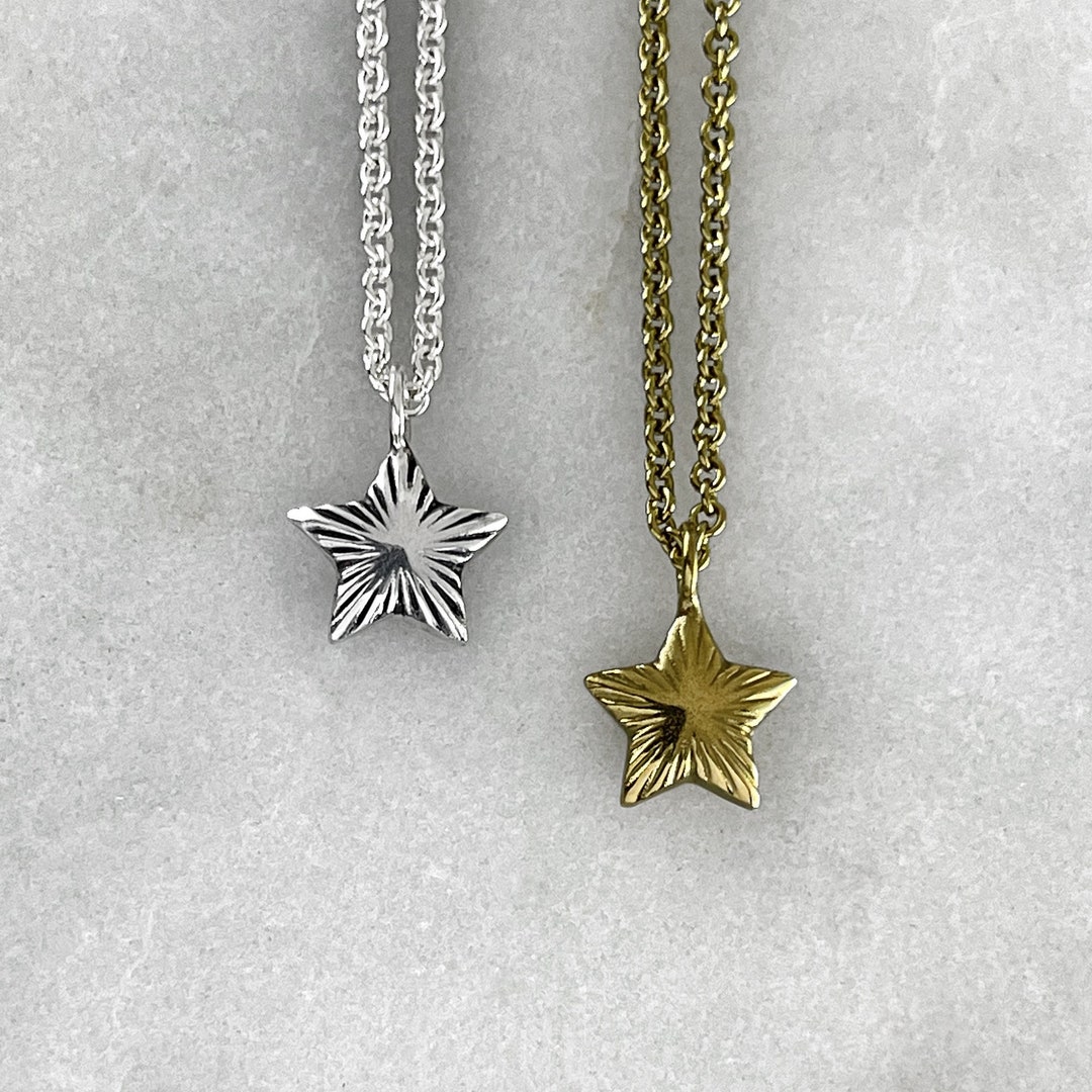 Star Pendant, Star Necklace, Gold Engraved Lucky Star