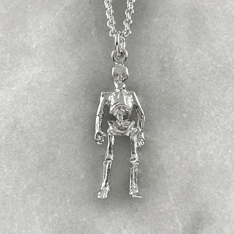 May include: Silver skeleton pendant necklace. The skeleton is standing with its arms at its sides. The necklace is on a white background.