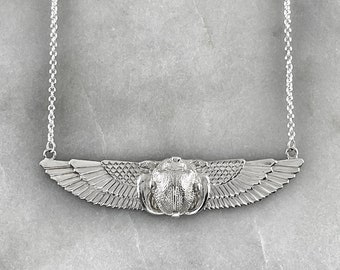 Scarab Necklace, Egyptian Queen, Winged Silver Scarab Beetle Necklace, Egyptian Necklace