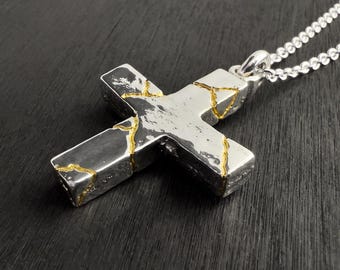 Handmade Kintsugi Cross Pendant, Rustic Silver, 24k Gold Detail - Etsy