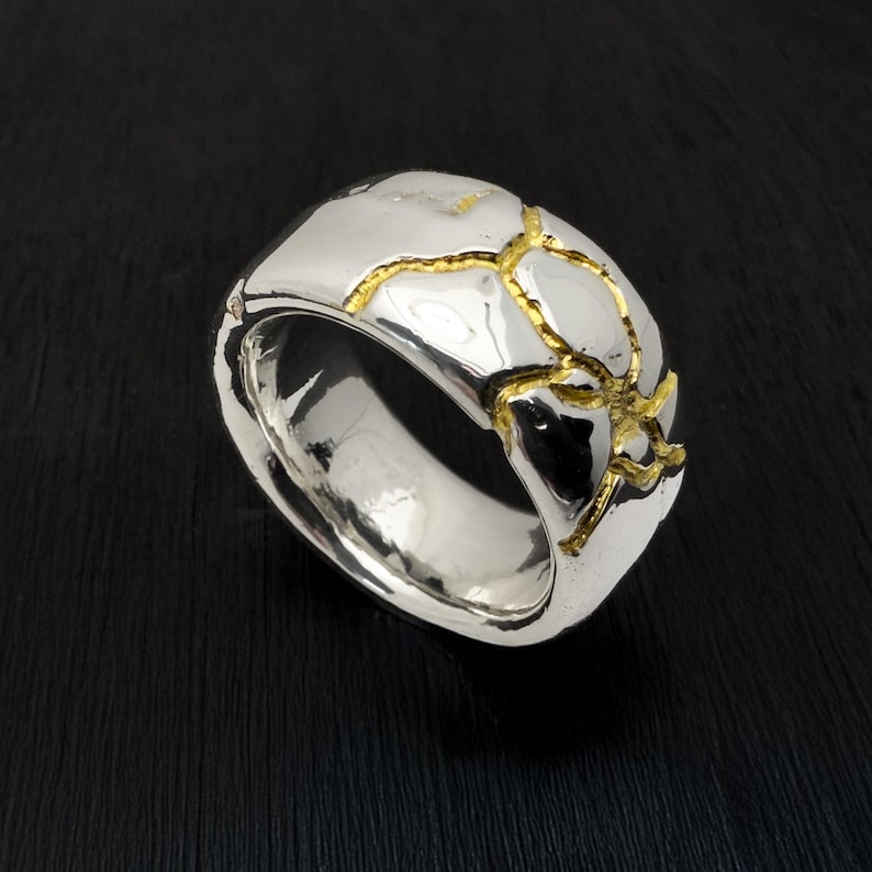 Handmade Kintsugi Ring, Chunky Silver Band With 24k Gold - Etsy