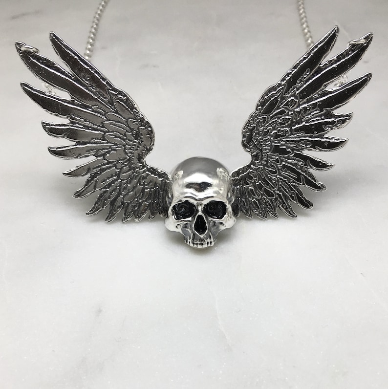 Large Skull Necklace, Gothic Wings, Memento Mori, Macabre Jewelry, Mourning Jewelry image 3