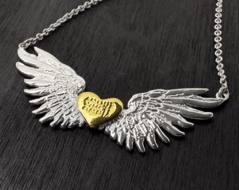 Sterling Silver Angel Wing Necklace, Gold Heart Pendant, Gothic Jewelry