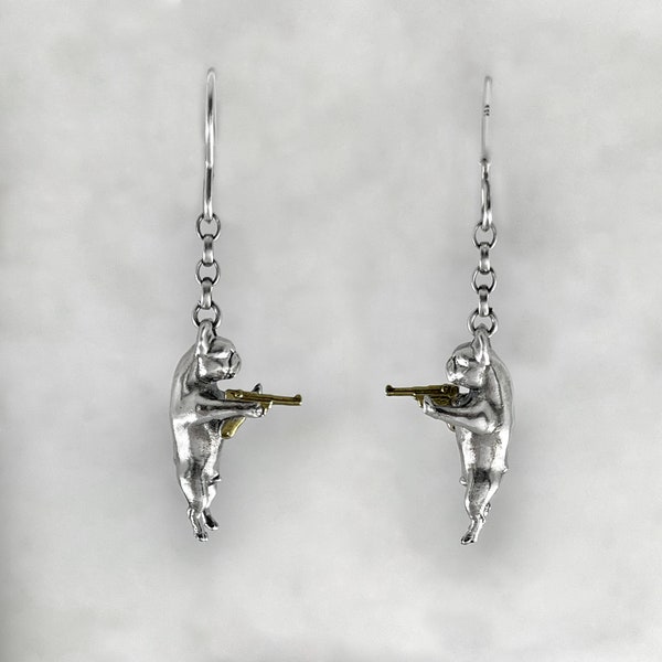 French Bulldog Earrings, Gun Lobby, All Genders Jewelry, Gun Toting, Silver Earrings, Gun Control