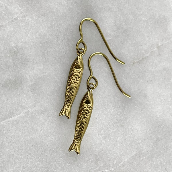 Sardine Earrings, Fish Drop Earrings, Pisces Earrings, Mothers Day Present, 18th Birthday, 21st Birthday, Gold, Silver