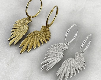Sterling Silver Angel Wing Earrings, Gold Plated Dangle Earrings, Handmade