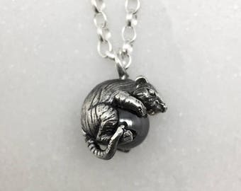 Tiny Silver Mouse & Hematite Ball Necklace