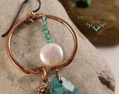 Oval,Faceted Turquoise Gemstones Earrings. Liquid, White, Cultured Coin Pearls Hoop Dangle Earrings. Oxidized Copper Wire. Boho Chic.