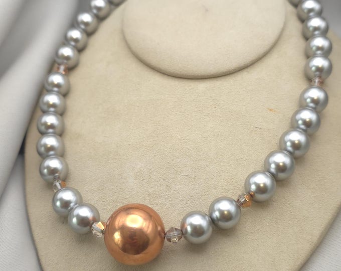 Flawless Gray Shell Pearls and Polish Copper Ball Necklace.