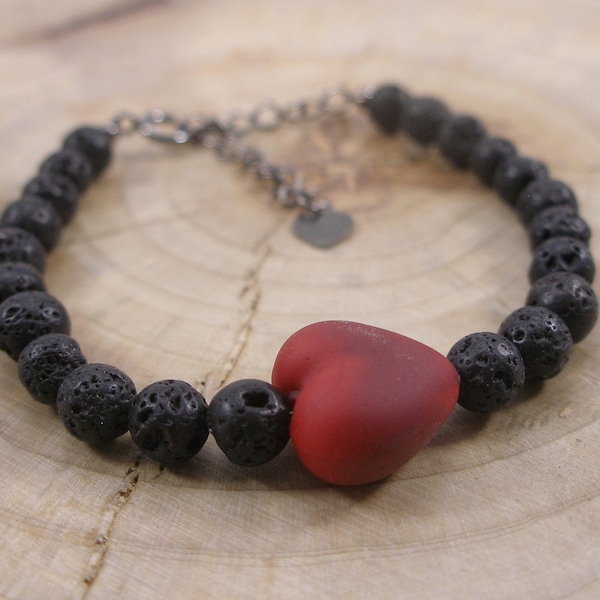 Bracciale con perline di Lava nera, Cuore in vetro di Murano, Yoga Bracciale unisex, Made in Italy