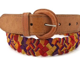 90s vintage handmade fabric belt, braided leather belt from Guatemala, upcycled leather belt