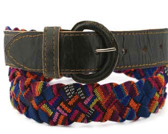90s vintage handmade fabric belt, braided leather belt from Guatemala, upcycled leather belt