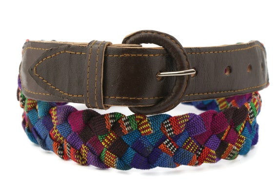 90s vintage handmade fabric belt, braided leather… - image 1