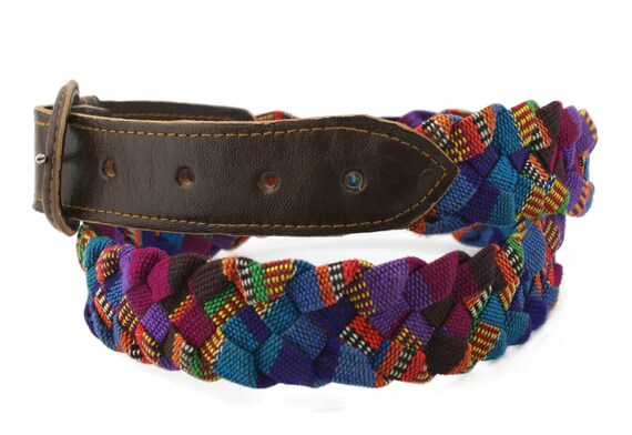 90s vintage handmade fabric belt, braided leather… - image 3