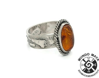 Handgefertigter 925 Silberring, strukturierte Silber Ring, verstellbare Ring,  minimalistischen Ring, Halbedelstein Bernstein