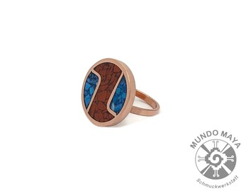 Handmade copper ring, minimalist ring, filigree, reconstituted stone, copper ring with turquoise and coral inlay