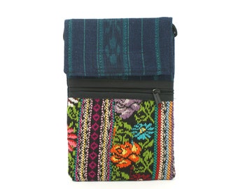 Mobile phone bag, multi colors, Mayan Huipil shoulder bag, hand embroidered crossbody purse, bag, passport bag