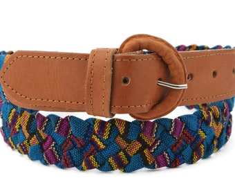 90s vintage handmade fabric belt, braided leather belt from Guatemala, upcycled leather belt