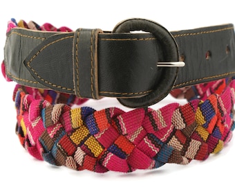 90s vintage handmade fabric belt, braided leather belt from Guatemala, upcycled leather belt