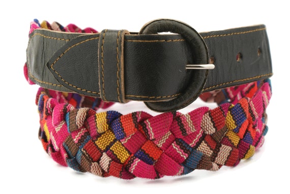 90s Vintage Handmade Fabric Belt, Braided Leather Belt From  display picture 2