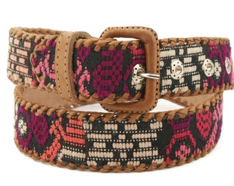 90s vintage handmade fabric belt, braided leather belt from Guatemala, upcycled leather belt