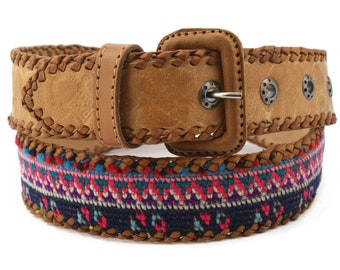 90s vintage handmade fabric belt, braided leather belt from Guatemala, upcycled leather belt