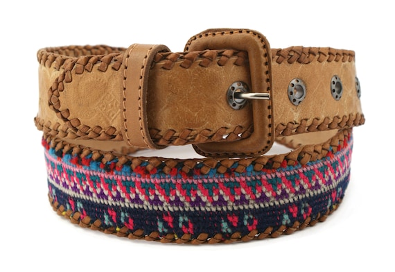 Vintage Guatemalan Leather And Fabric Belt Vintage Leather Woven Fabric Belt Guatemala Folk Art Women main image 2