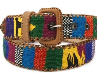 90s vintage handmade fabric belt, braided leather belt from Guatemala, upcycled leather belt