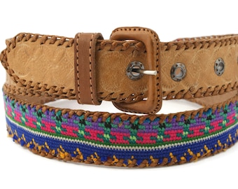 90s vintage handmade fabric belt, braided leather belt from Guatemala, upcycled leather belt