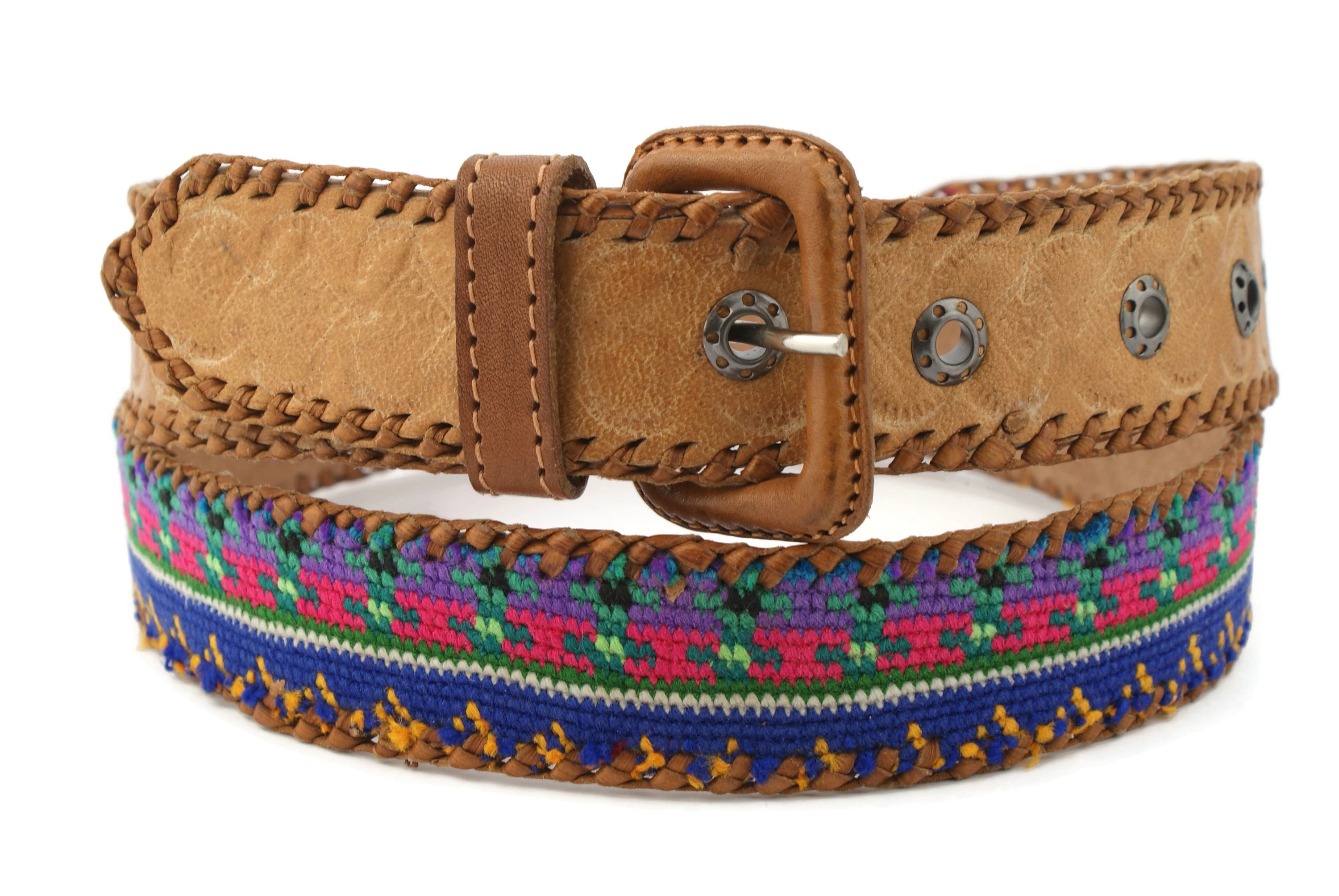 Vintage Omega Guatemalan Mayan Cotton Leather Belt Womens Size M Colorful Tribal Colores Guatemalan Leather Belt – Tamayo Life main image 3
