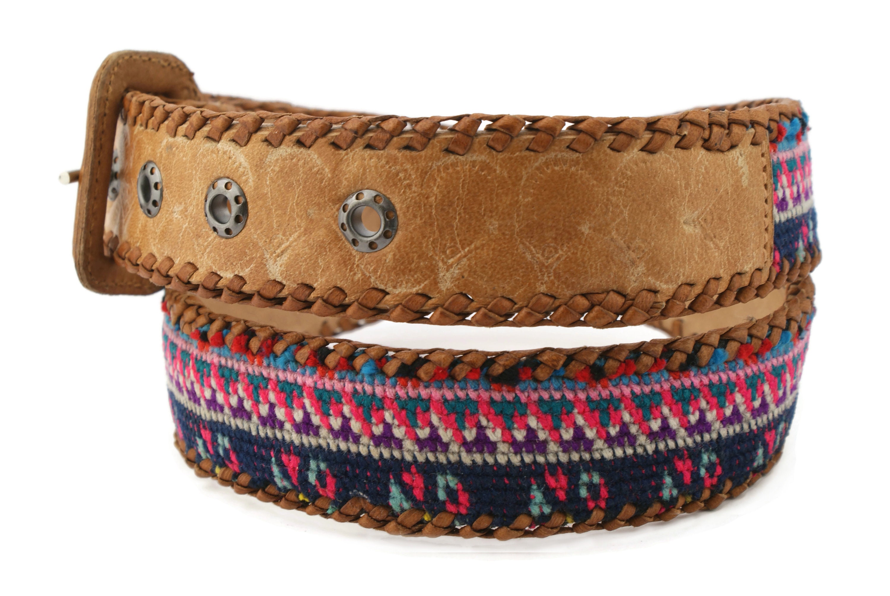 90s Vintage Fossil Braided Leather Textile Belt Medium Guatemala Boho, Indie 90s Braided Cloth & Leather Belt - Guatemalan Made - Medium  main image 2