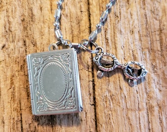 Photo Book Charm Locket with Reading Glasses