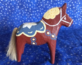 RARE Swedish 5" DALA HORSE with Soft Tail--Dark Red--One of a Kind-- Unique Harness/Saddle Design--Signed by Maker--Mint Vintage Condition