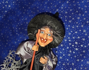 German GOOD LUCK WITCH--Smiling Walpurgis Witch--Black & Silvery Gray Dress /Cobweb Overlay-Heart-Shaped Face--New Old Stock--12 Inches Tall