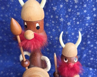 WOODEN DANISH VIKINGS--Two Handmade Vintage Vikings--Red Fuzzy Beards--Horned Helmets, Spears, Shields
