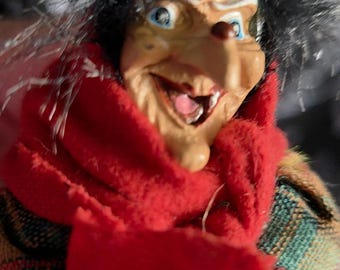 German Walpurgis Night GOOD LUCK WITCH --Green/Yellow Plaid, Vintage Harz Mountain Witch, Pagan Elements, Wearing Sprigs of Holly, 6" Tall