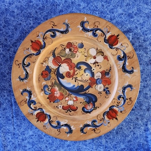 NORWEGIAN ROSEMALING PLATTER--Vintage 1980s Floral Handpainted/Signed by Artist 16&quot; Wooden Platter Blue/Red/White/Green Very Good Condition