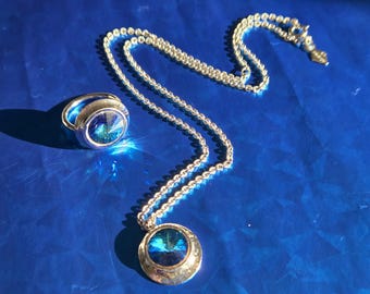 Vintage LIQUID LIGHTS--Stunning Blue Rivoli Necklace and Ring--Sarah Coventry Necklace and Ring-- Coveted Vintage Jewelry-- Mint Condition